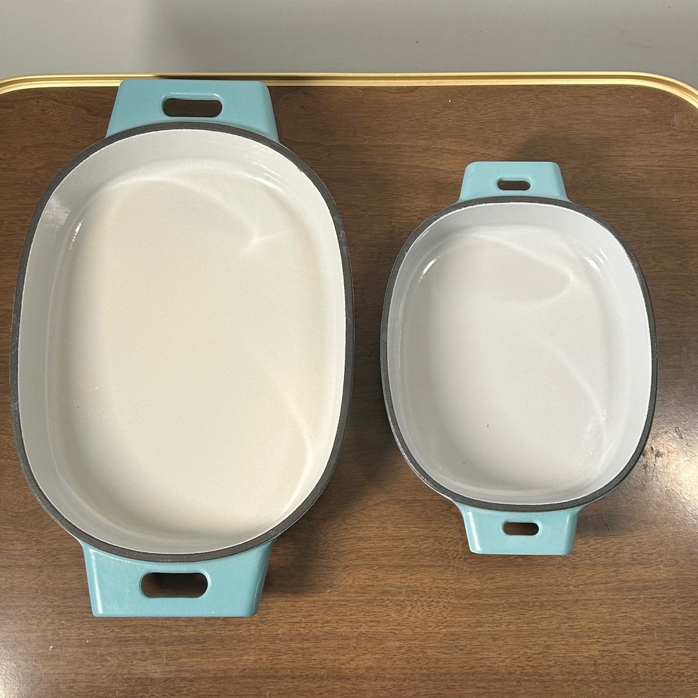 Pampered Chef Enameled Cast Iron Oval Baker Set 2pc Blue Casserole Dish Roasting